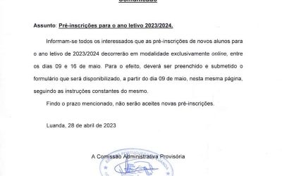 Pré-inscrições de novos alunos para o ano letivo 2023/2024