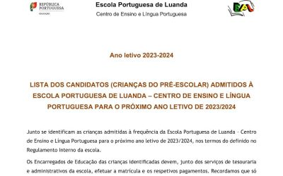 Lista dos candidatos (crianças do Pré-Escolar) admitidos para o próximo ano letivo 2023/2024