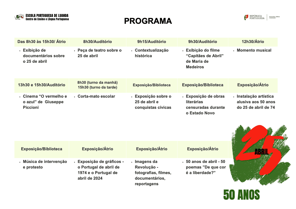 Programa das atividades alusivas ao 25 de Abril | Escola Portuguesa de ...