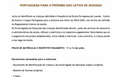 Lista dos candidatos (crianças do Pré-Escolar) admitidos para o próximo ano letivo 2024/2025