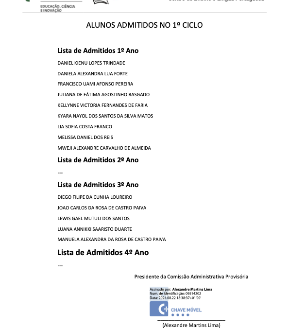 Lista de alunos admitidos no 1.º CEB 2024-2025