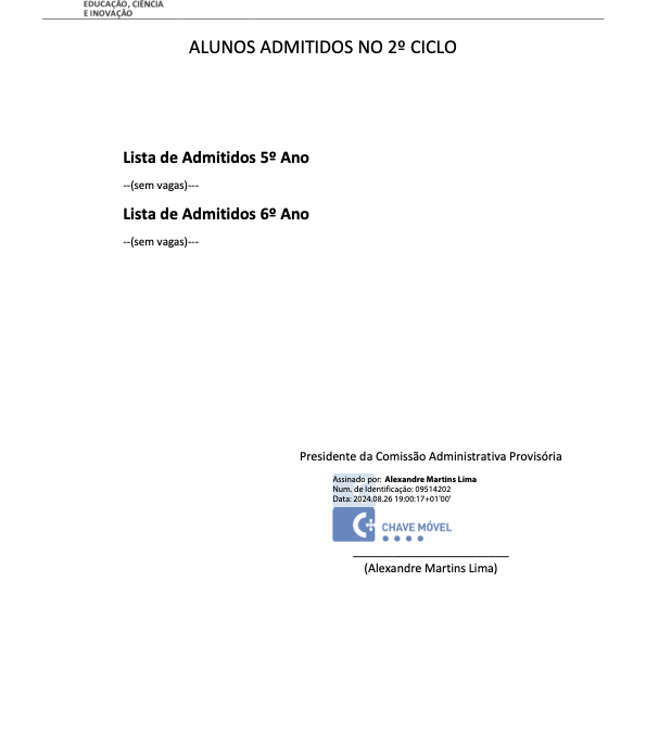 Lista de alunos admitidos no 2.º CEB 2024-2025