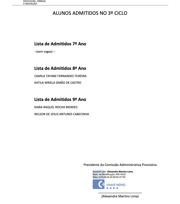 Lista de alunos admitidos no 3.º CEB 2024-2025
