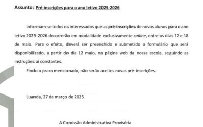 Pré-inscrições para o ano letivo 2025-2026
