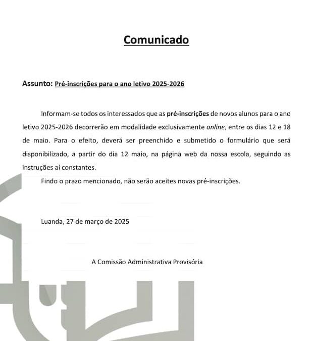 Pré-inscrições para o ano letivo 2025-2026