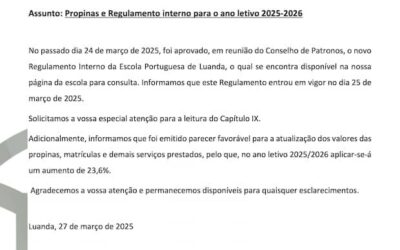 Comunicado: Atualização dos valores das propinas – Ano Letivo 2025/2026