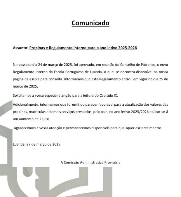 Propinas e Regulamento interno para o ano letivo 2025-2026