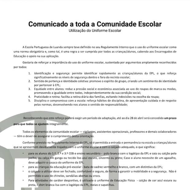 Comunicado a toda a Comunidade Escolar – Utilização do Uniforme Escolar