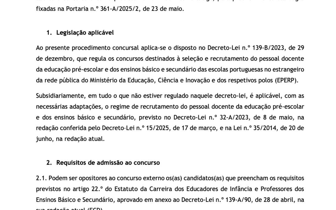 Aviso de abertura – Concurso externo de vinculação de docentes à Escola Portuguesa de Luanda da rede pública do Ministério da Educação, Ciência e Inovação