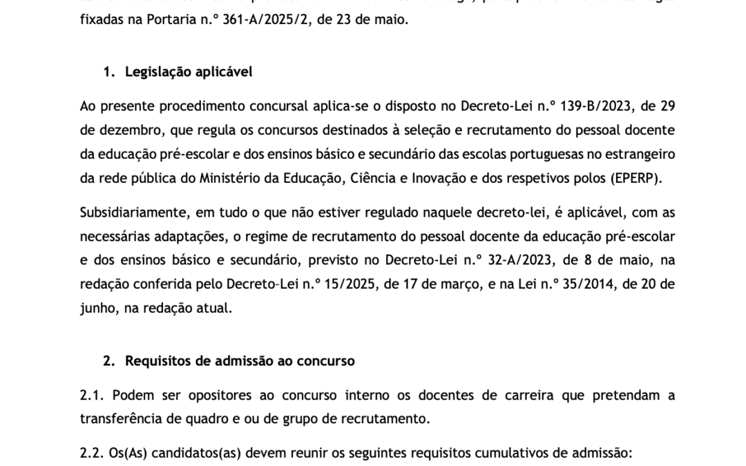Aviso de abertura – Concurso interno de docentes para a Escola Portuguesa de Luanda da rede pública do Ministério da Educação, Ciência e Inovação