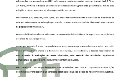 Comunicado: Limite de admissões atingido para o ano letivo 2025/2026