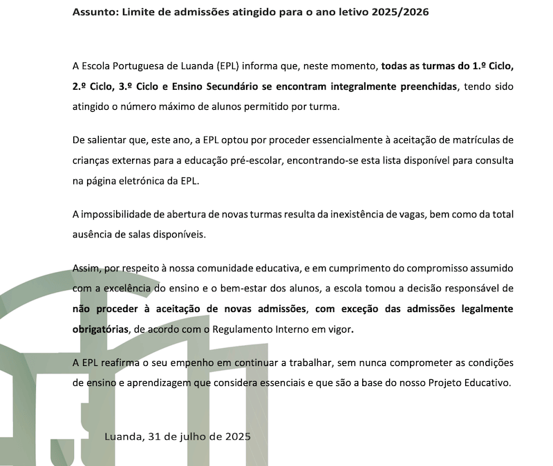 Comunicado: Limite de admissões atingido para o ano letivo 2025/2026