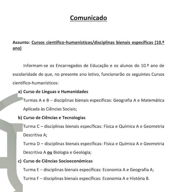 Cursos científico-humanísticos/disciplinas bienais específicas (10.º ano)