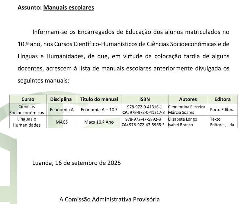 Nota Informativa: Manuais Escolares