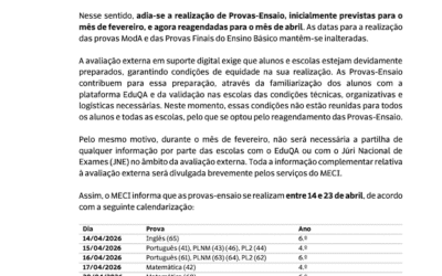 Alteração ao calendário das Provas-Ensaio 2025/2026