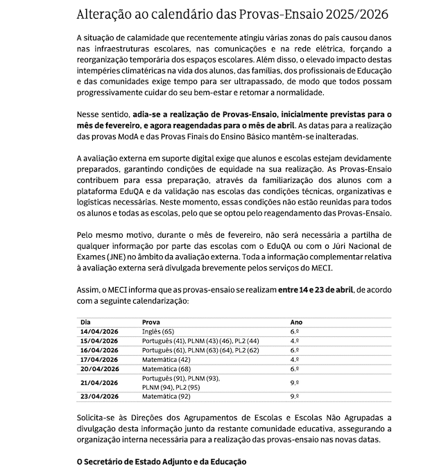 Alteração ao calendário das Provas-Ensaio 2025/2026