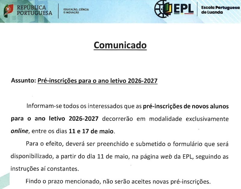 Pré-inscrições para o ano letivo 2026-2027