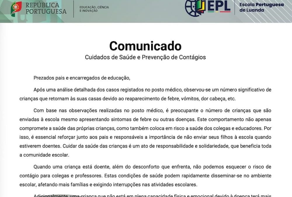 Comunicado – Cuidados de Saúde e Prevenção de Contágios
