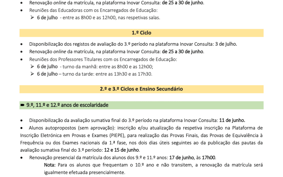 Informações de Final do Ano Letivo 2025-2026 – Matrículas e Reuniões com Encarregados de Educação