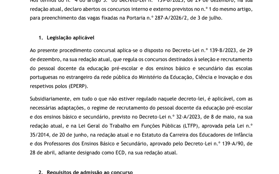 Aviso de Abertura – Concurso interno e concurso externo de docentes para a Escola Portuguesa de Luanda da rede pública do Ministério da Educação, Ciência e Inovação e dos respetivos polos