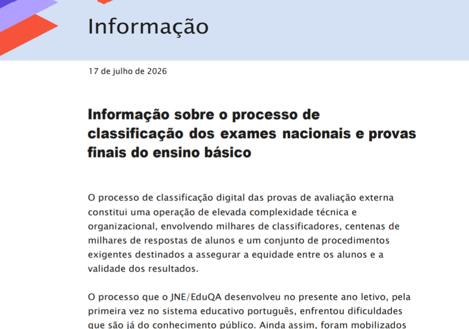 Informação sobre o processo de classificação dos exames nacionais e provas finais do ensino básico